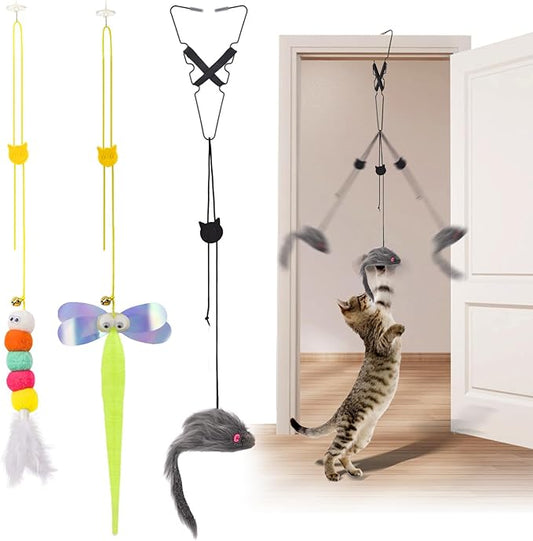 Hanging Interactive Cat Toy for Indoor Cats, 3 Pack Retractable Cat Feather Toy Kitten Toys with Bell/Elastic Rope/Adjustable Buckle for Play Chase Exercise Teaser