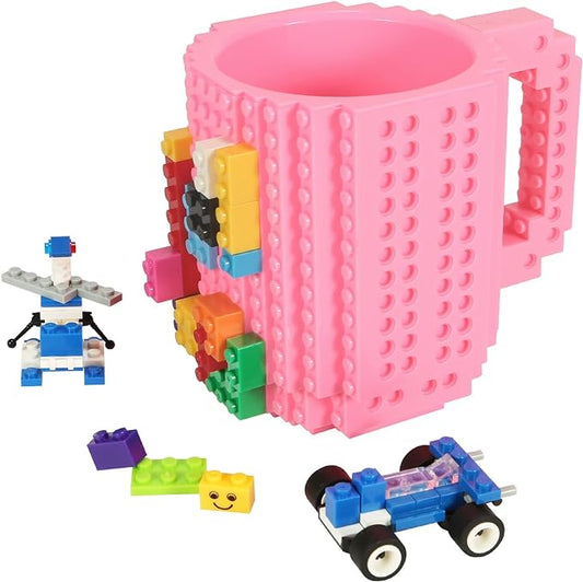 Build-on Brick Coffee Mug, Funny DIY Novelty Cup with Building Blocks Creative for Kids Men Women Xmas Birthday (Pink)