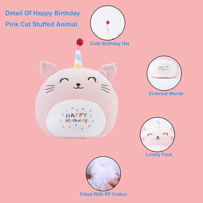 16 Inch Plush Birthday Cat Kitty Stuffed Animal Happy Birthday Cat Hugging Pillow Birthday Cat Plushies Throw Pillow Birthday Pink Cat Kitten Anime Gift for Kids and Lovers