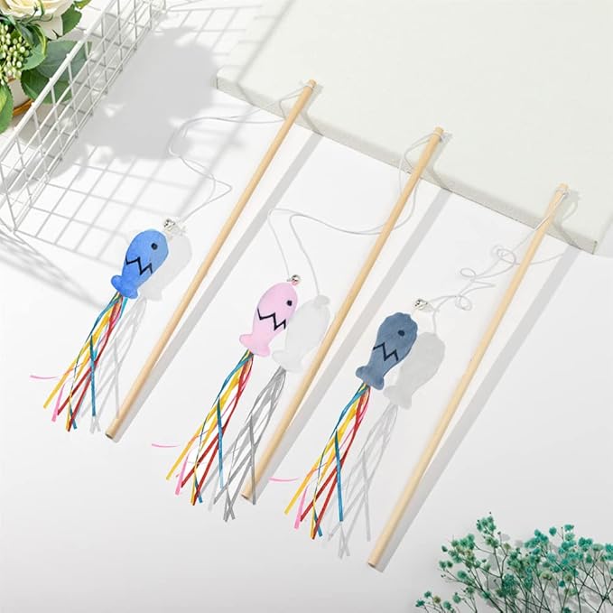 IUHKBH Cat Wands, 3 PCS Wood Cat Teaser Wands Interactive Cat Toys with Catnip Fish for Cat and Kitten