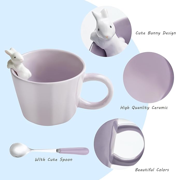 BigNoseDeer Cute Easter Bunny Mugs with 3D Rabbit Inside Ceramic Bunny Coffee Mug with Spoon Cute Gifts Easter Gifts for Women Kids 12oz (Purple)