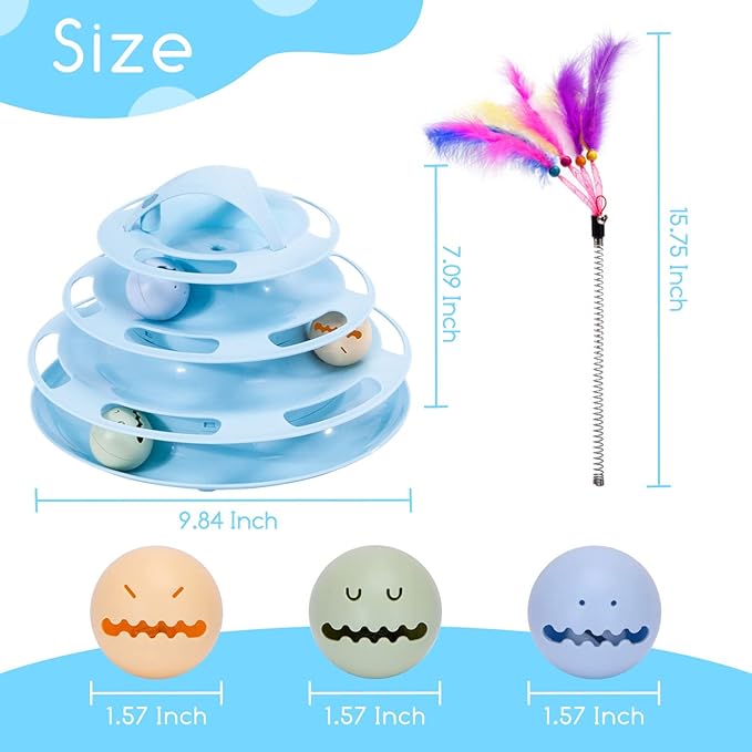 Nobleza Interactive Cat Toys for Indoor Cats, 4 Level Turntable Kitten Toy Ball Track with Catnip Flash Balls & Funny Cat Stick Toy, Cat Roller Toy for Stimulating Kitty Senses & Hunting Instincts