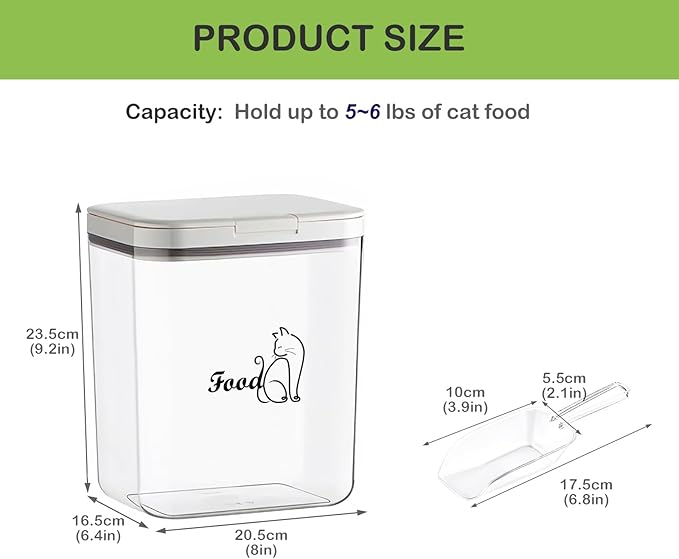 Airtight Cat Food Storage Container | 6.0 Qt/5.5 L Dry Cat Food Bin With Food Scoop |Hold up to 4~5lbs of Cat Food Kibble| Airtight Dog and Cat Food Trats Container |Clear BPA Free