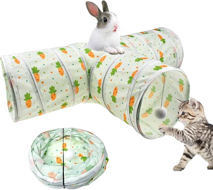 Vehomy Bunny Rabbit Tunnels Rabbit Cat 3 Way Collapsible Tunnel with Cute Carrot Patterns Small Pet Hideout Activity Tunnel Tube Toy for Bunny Kitten Cat Dwarf Guinea Pig T Shape