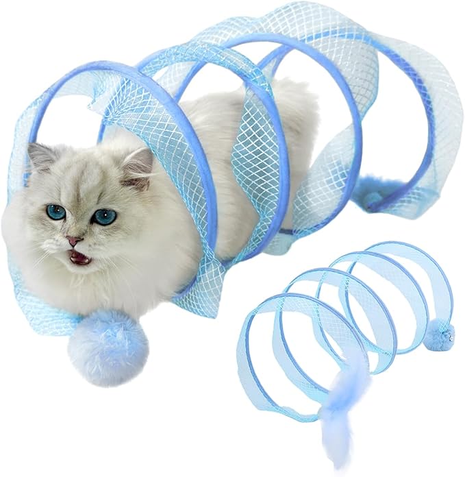 Folded Cat Tunnel, Cat Tunnel for Indoor Cats, Collapsible Cat Tunnel with Feather and Bell, Folded Cat Tubes, Cat Spring Toys for Rabbits and Cats, Portable Pet Toy (Blue)