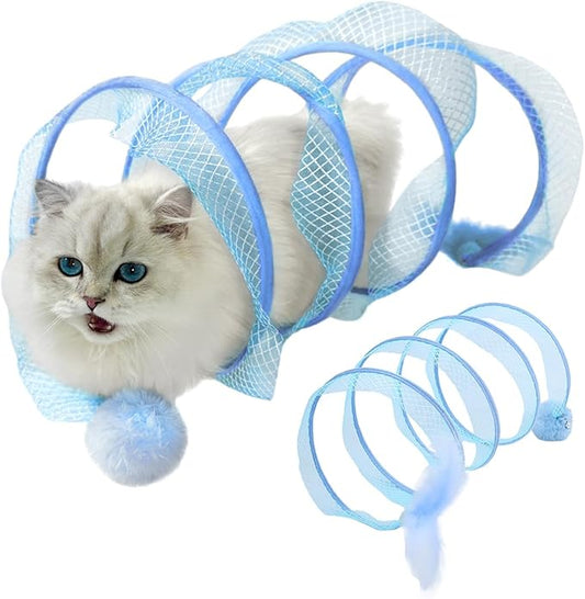 Folded Cat Tunnel, Cat Tunnel for Indoor Cats, Collapsible Cat Tunnel with Feather and Bell, Folded Cat Tubes, Cat Spring Toys for Rabbits and Cats, Portable Pet Toy (Blue)