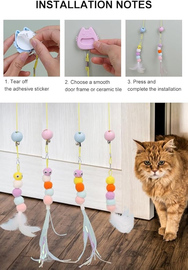 Interactive Cat Feather Toys 3 PCS, Retractable Teaser Toy with Catnip, Door Hanging Cat Toys Indoor Kitten Play Chase Exercise, Mental Physical Stimulation for Almost All Breeds Cats