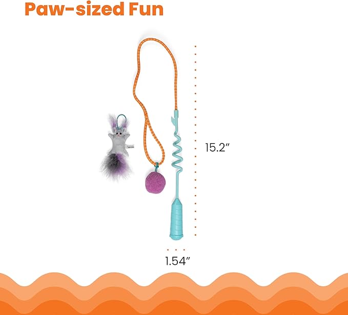 Catstages Cat-apult Spring Wand Durable and Interactive Cat Teaser Wand with Flinger Clip and Two Cat Toys, Catnip Toy and Pom Pom Ball, Blue