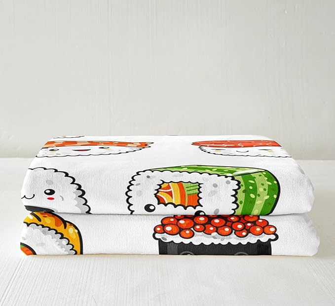 Sushi Pattern Blanket Japanese-Style Fleece Blanket for Bed Couch Sofa Kids Kawaii Food Theme Throw Blanket Cute Japanese Sushi Plush Sherpa Throw Blanket Room Decor Air Conditioning King 87"x95"