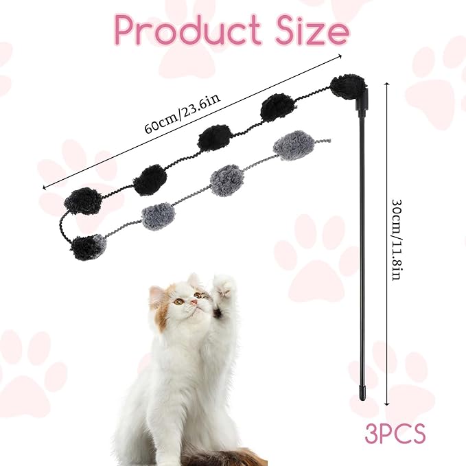 Cat Wand Toy, 3 Pieces Interactive Cat Rainbow Wand Toys for Indoor Cats and Kittens Colorful Cat Dance String Stick Toy Cat Feather Teaser Toy for Indoor Cats Kitten to Play Chase Exercise
