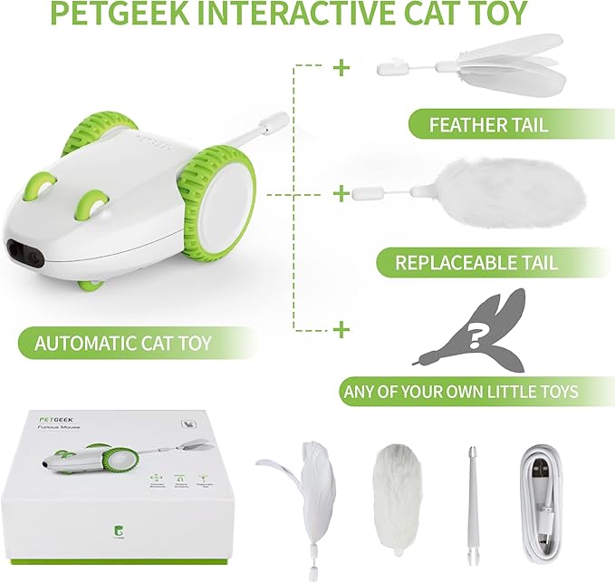 PETGEEK Automatic Cat Toys, Smart Interactive Cat Toy, Rechargeable Electronic Cat Mouse Toys with Cat Catnip Wand, Cat Toys for Indoor Cats, Best Gift for Birthday, Thanksgiving, Christmas, New Year