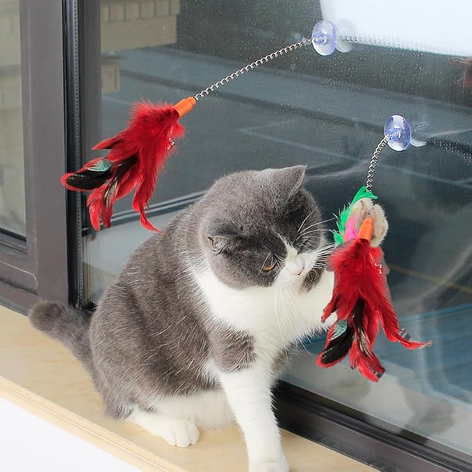 Marchul Cat Window Perch with Feather Bell Cat Wand, Foldable Cat Window Hammock, Cat Bed Window with 4 Strong Suction Cups, Sturdy Metal Frame and Soft Cover Available for All Seasons