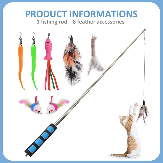 Cat Fishing Pole for Indoor Cats,Interactive cat Toys with Colorful Feather and Bell. (Blue)