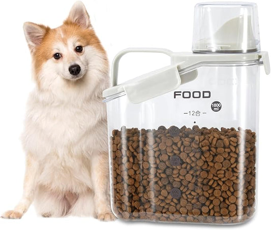 Dog Food Container Small, Pet Food Container with Airtight Pour Spout, Cat Food Storage Container with Measuring Cups, Portable Smal Dog Food Container for Dogs Cats Birds (White)