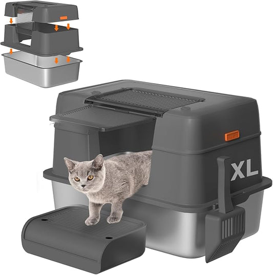 3-in-1 Stainless Steel Cat Litter Box with Removable Lid-Enclosed XL Extra Large High-Sided Metal Box for Small & Big Cats with Scoop-Easy to Clean, Odor Control, Non-Sticky,Anti-Leakage (Dark Grey)