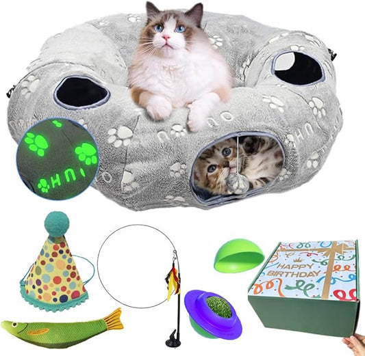 Interactive Cat Toys with Cat Tunnel Bed, Bite Resistant Catnip Toy, Feather Toys, Catnip Balls and Fish, Cat Toys for Indoor Cats, A Birthday Gift for Cats