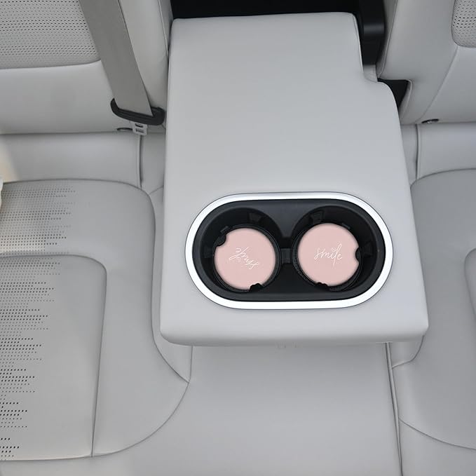 2pcs Car Cup Holder Coasters, Universal Auto Anti Slip Smile Design Pink Coasters, Rubber Car Coasters with A Finger Groove, Cute Car Accessories for Women&Men