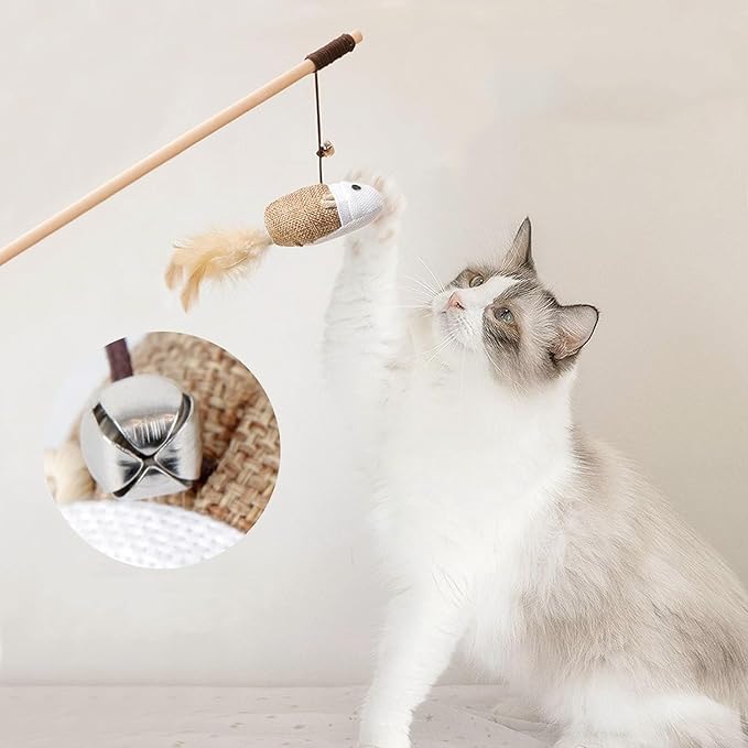 Wood Handle Teathered & Feathered Play Wand Cat Toy (Ball Feather) for All Breed Sizes