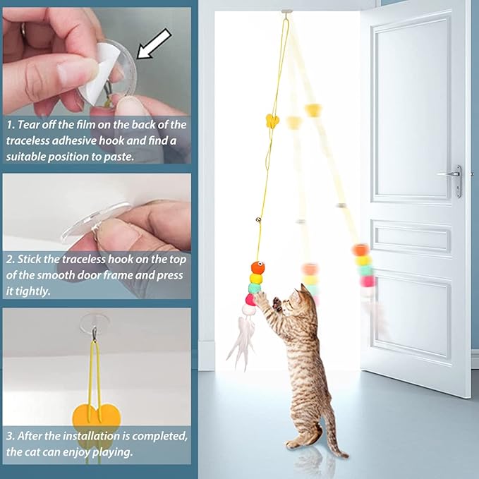 Feather Teaser Toys, Butterfly Worm Interactive Hanging String Cat Toy, Door Hanging Cat Pet Toy for Indoor Cats Kitty Play Chase Exercise - Feather / Dragonfly / Tassels worm 3 Pcs set (Feather Worm)