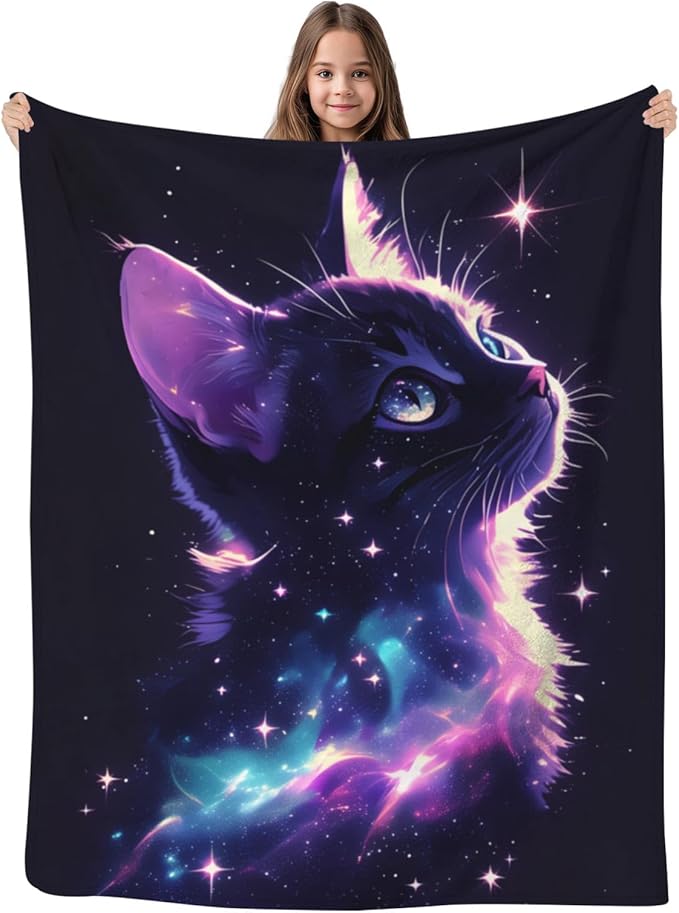 Cat Gifts Blanket, Cat Gifts for Women Girls Kids Cat Lovers, Black Cat Gifts, Cat Mom Gifts, Funny Galaxy Cat Blanket, Pink Purple Space Cat Sparkle Starry Stars,50"x40"