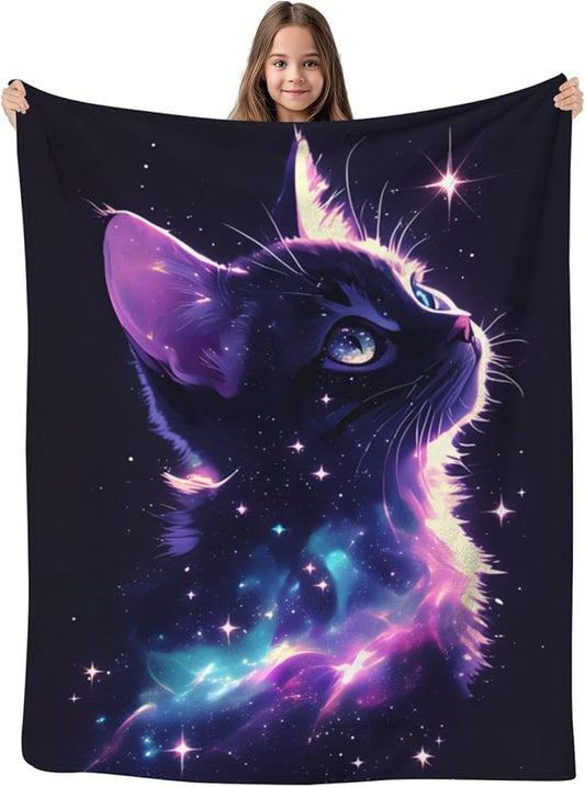 Cat Gifts Blanket, Cat Gifts for Women Girls Kids Cat Lovers, Black Cat Gifts, Cat Mom Gifts, Funny Galaxy Cat Blanket, Pink Purple Space Cat Sparkle Starry Stars,50"x40"