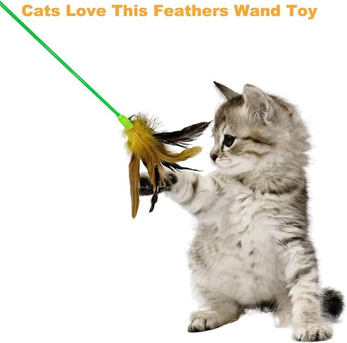 Cat Wand Toy Cat Feather Toys, 10 Pieces Feather Stick Cat Toys, Interactive Feathers Wand Cat Toy for Indoor Cats Play
