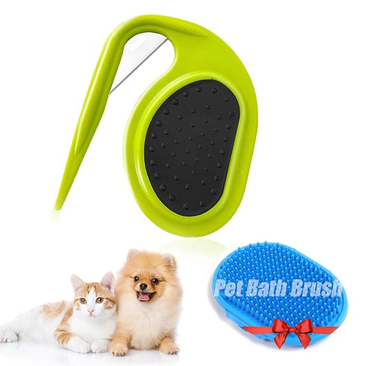 4PCS Grooming Comb Set - Knotting/De-matting Comb for Cats and Dogs, Removing Tangled Hair, with Dog Bath Brush (1PCS Green)