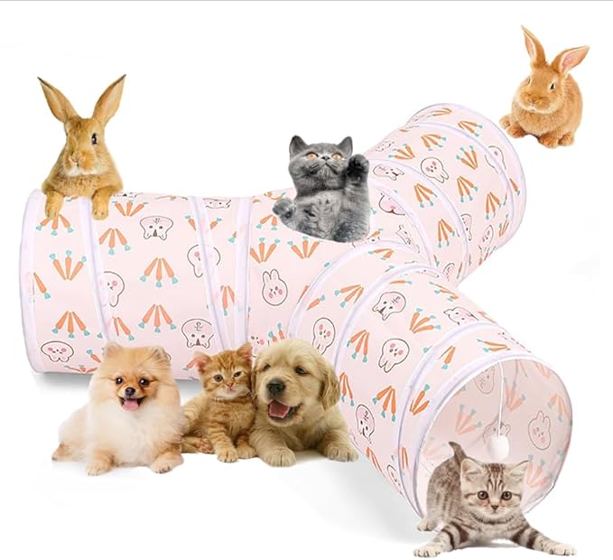 Cat Tunnel Tube Toys, Rabbit Pattern Tunnels for Indoor Cats, 3 Way Collapsible Interactive Toy Maze House with Peek Hole Dangling Ball for Rabbit, Kitten, Kitty, Puppy
