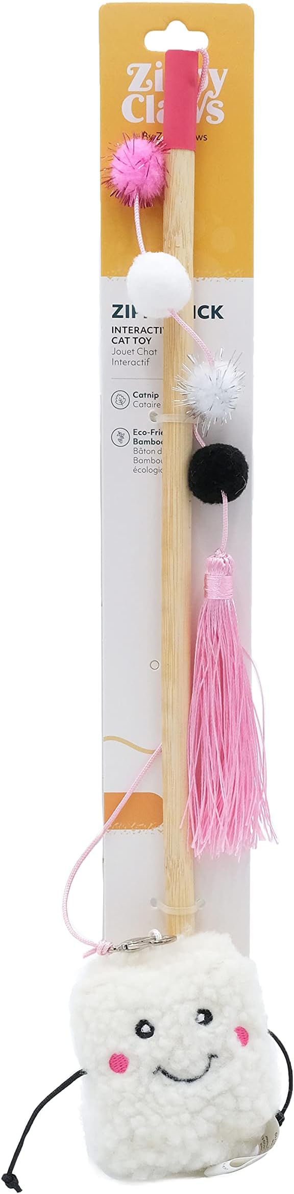 ZippyClaws Marshmallow ZippyStick - Interactive Cat Toy Wand for Indoor Cats & Kittens, Cute Kitty Toys for Boredom, Fun Teaser Stick with Feathered Tassles & Plush Dangling Toy