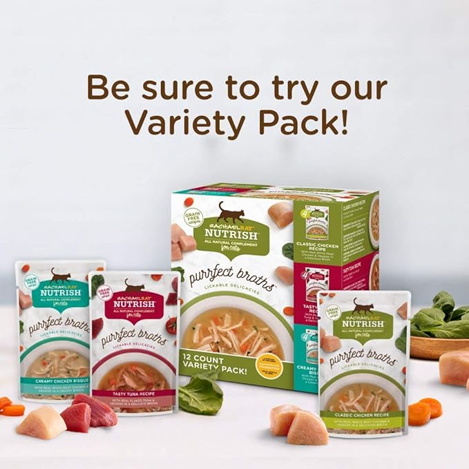 Nutrish Rachael Ray Purrfect Broths Wet Cat Food, Classic Chicken Recipe with White Meat Chicken & Veggies, 1.4 Ounce Pouch (Pack of 24), Grain Free