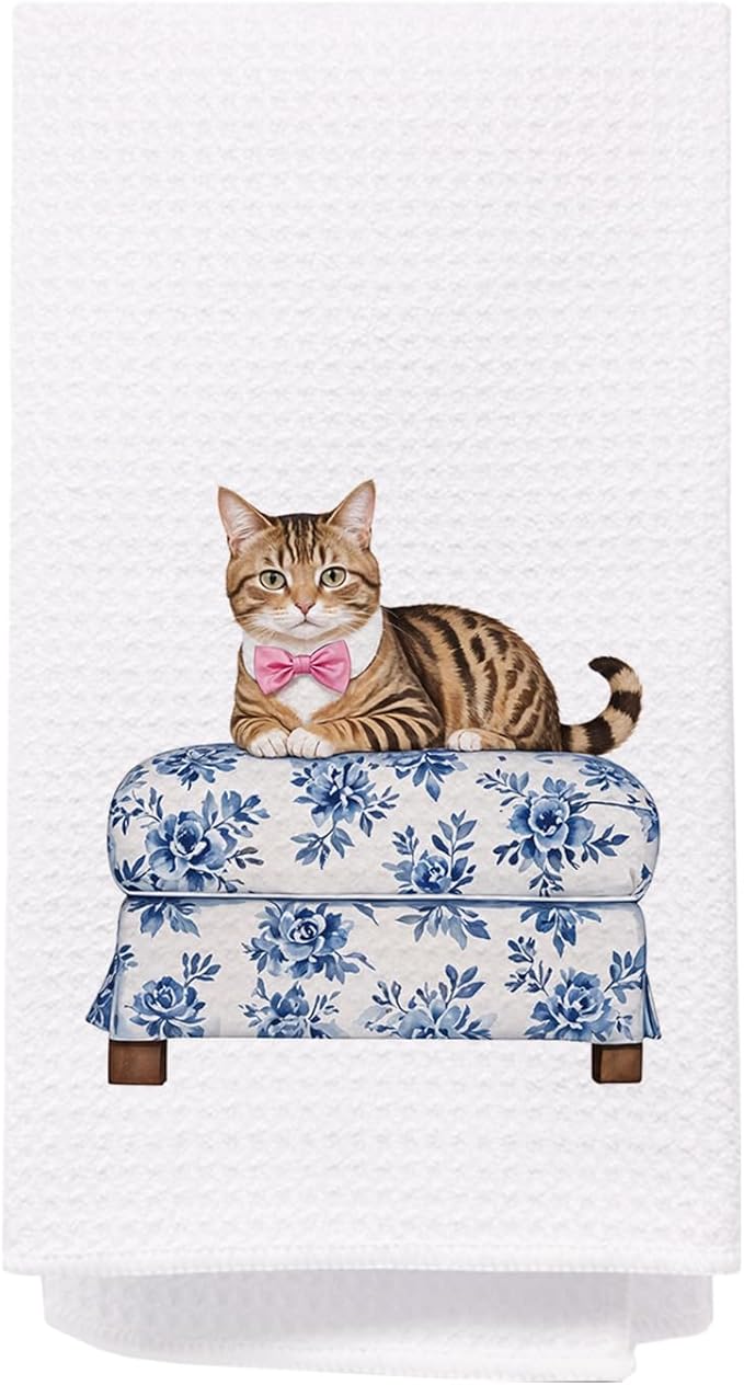SPBL&L Cat Kitchen Towels, Cat Dish Towels Tea Towels for Kitchen, Cat Gifts for Cat Lovers Women, Cat Mom Gifts, Blue and White Chinoiserie Decor Hand Towels for Bathroom, 16x24 Inches