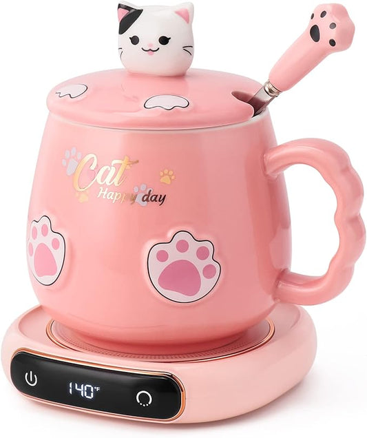 Bgbg Coffee Mug Warmer & Cute Cat Mug Set, Electric Beverage Cup Warmer for Desk Home Office with Three Temperature Up to, Coffee Warmer for Cocoa Milk Tea Water Candle, 8 Hours Auto Shut Off