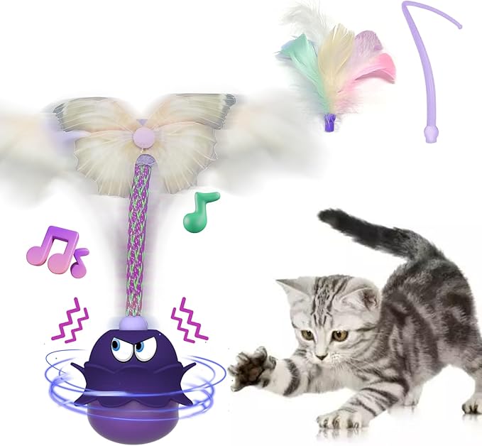LEWISER Cat Toys Monster, 3in1 Rechargeable Automatic Interactive Cat Toy for Indoor Cats Exercise, Real Feathers, Silicone and Butterfly Tail, LED Lighting, Mice Squeak Chirping, Purple