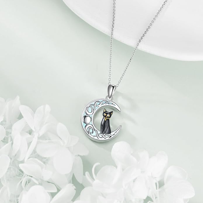 Black Cat Necklace Moonstone Sterling Silver Cats Moon Necklace Gothic Witch Black Cat Jewelry Gifts for Cat Lovers Women