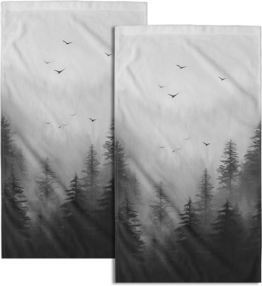 Black Misty Forest Hand Towels Set of 2 Mountain Woodland Soft Absorbent Face Bath Towel Dish Towel Bathroom Kitchen Towel Decor Gift