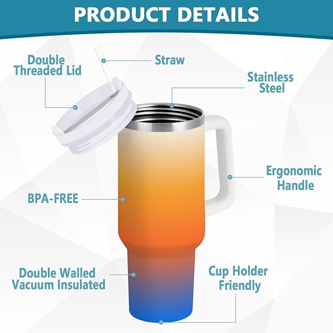 Boccsty Color Gradient Orange Blue Insulated Tumblers Reusable Stainless Steel Tumbler 40 oz Cup Coffee Travel Mug Water Bottle with Handle & Flip Straw for Home Office Car