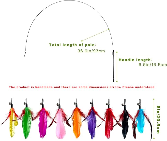 Cat Toys Kitten Toys, Interactive Cat Toy 1pcs Cat Wand Toy & 9pcs Natural Cat Feather Teaser Toys Refills, Cat Fishing Pole Toy for Indoor Cats Gifts, Kitty Toys for Indoor (9Pcs A)