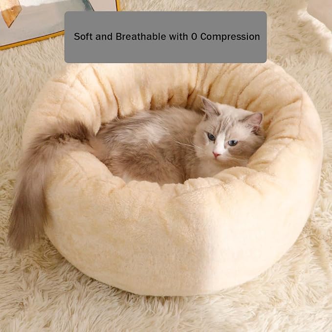 Cat Beds for Indoor Cats,Fluffy Donut Cat Bed Non -Slip Cat Bed Small Dog Bed Self Warming Pet Bed Cat Beds & Furniture Round Anti Anxiety Kitty Bed (White L)