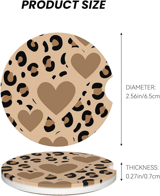 Absorbent Ceramic Car Coasters for Cup Holders, Brown Love Leopard Cheetah Print Design 2.56" Anti Slip Universal Drink Cup Coasters for Women Men (2 Pack)