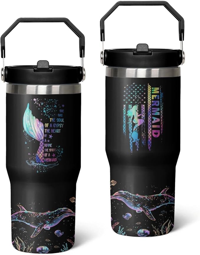30 Oz Mermaid Tumbler with Handle and Straw, Mermaid Cups Insulated Mermaid Coffee Mug, Double Wall Stainless Steel Mermaid Mug, 30 Oz Leak Proof Mermaid Coffee Cup and Mermaid Gifts for Women