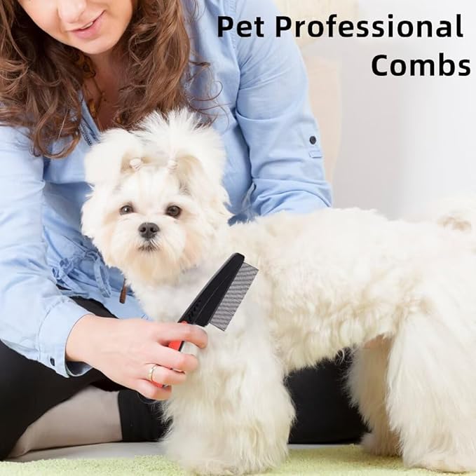 2 Pieces Fine Tooth and Wide Tooth Dog Grooming Comb - Rubber Handle Hair Comb for Small Dogs & Cats with Flea and Tick Removal (2PCS, Black Red)