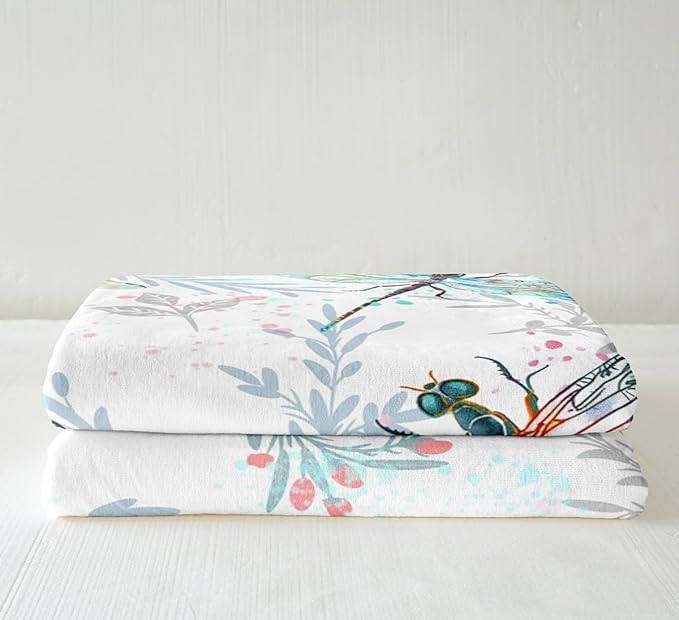 Dragonfly Throw Blanket Kids Ornamental Dragonfly Printed Fuzzy Blanket for Bed Sofa Couch Floral Flying Animal Fleece Sherpa Blanket Watercolor Teal Pink Botanical Plush Blanket Throw 50"x60"