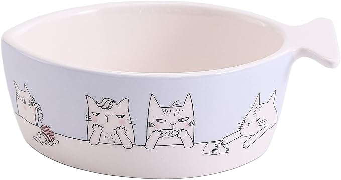 Bico Kitty Tea Party Fish Shaped Ceramic Cat Bowl, for Cat and Kitten, Dishwasher Safe