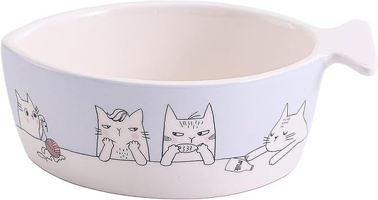 Bico Kitty Tea Party Fish Shaped Ceramic Cat Bowl, for Cat and Kitten, Dishwasher Safe
