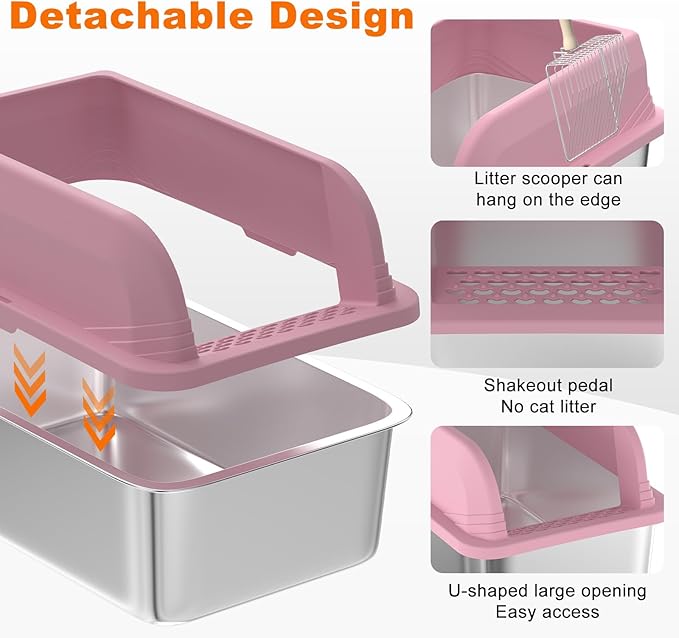 2 PCs Stainless Steel Cat Litter Box with Lid, Extra Large High Side Litter Box, Enclosed Litter Box for Small Cats, Non-Leaking, Easy to Clean, Anti-Leakage(Pink)