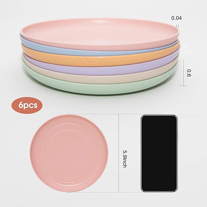 6 PACK 6 Inches Lightweight Mini Wheat Straw Plates Reusable Plate Set Dishwasher & Microwave Safe,Unbreakable Deep Dinner Plates, Plastic Plates Reusable,They are easy to clean BPA free