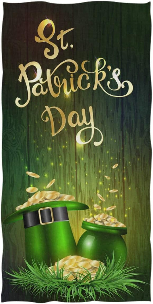 St. Patrick's Day Extra Large Hand Towels Golden Coins Leprechaun Hat Pot Wooden Bath Towel Ultra Soft Highly Absorbent Multipurpose Bathroom Towel for Hand,Face,Gym and Spa Hoilday Decor,16x30 in