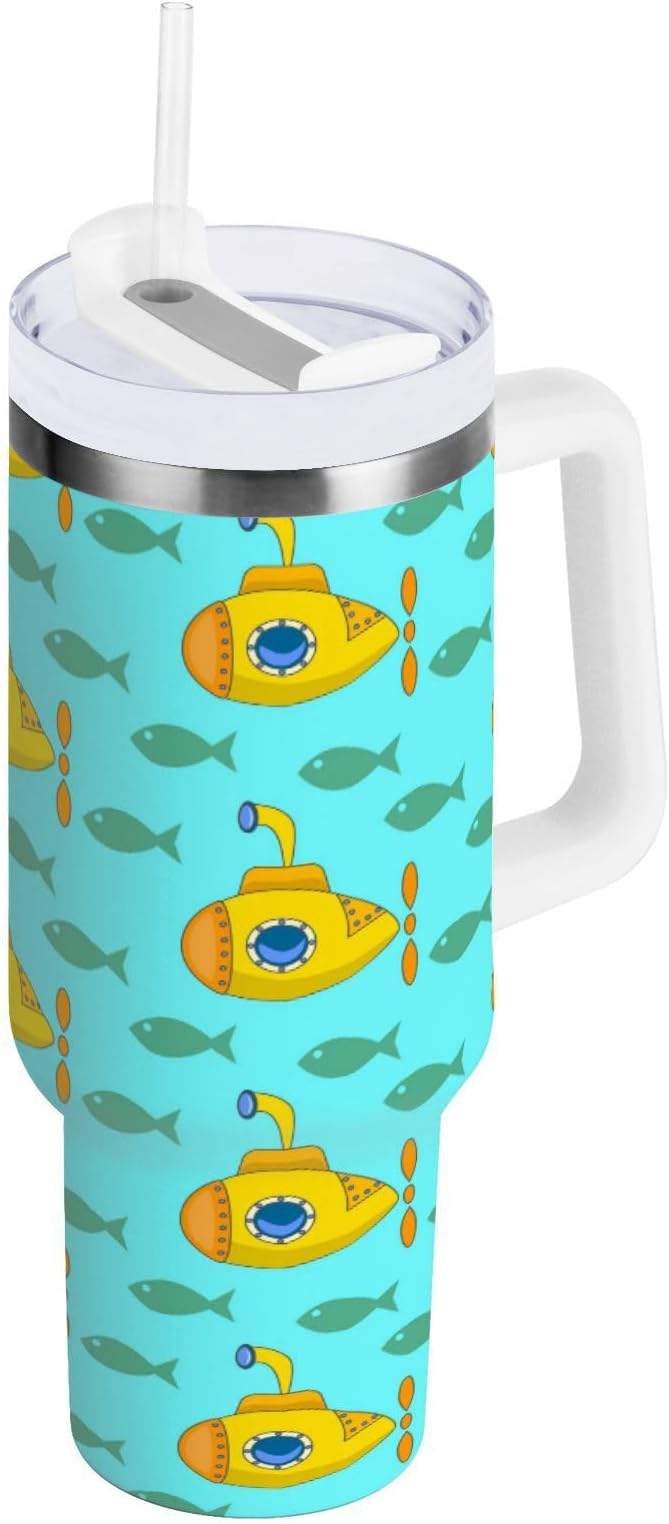 Boccsty Yellow Submarine Insulated Tumblers Colorful Fish Reusable Stainless Steel Tumbler 30 oz Cup Coffee Travel Mug Water Bottle with Handle & Flip Straw for Home Office Car