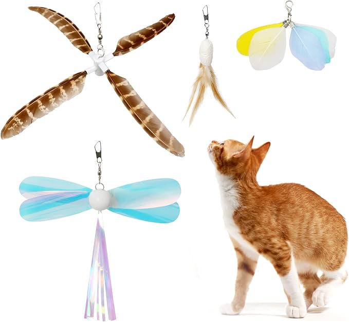 uahpet Cat Wand Toy Refills Natural Feathers Replacement Teasers, 4Pcs Different Senses Replacement Teasers Arouse Cat Desire to Hunt