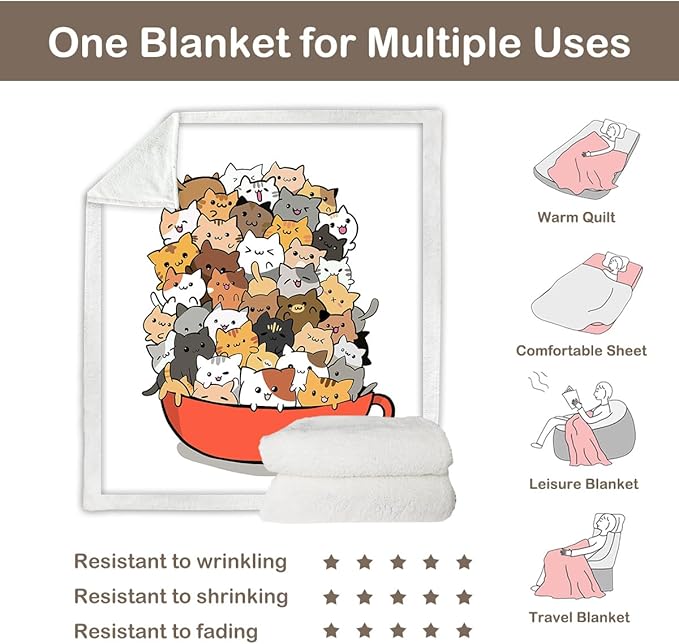 Sleepwish Cute Cats Fleece Throw Blanket for Couch Chair Fuzzy Kitten in Teacup Print Plush Sherpa Blanket Gifts for Cat Lovers, Baby(30"x 40")
